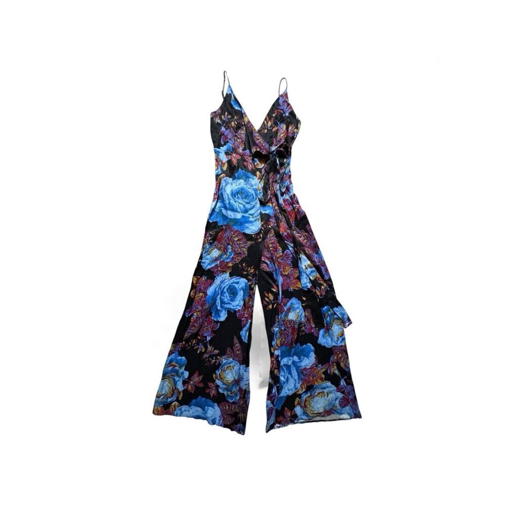 Free People Blue Rose Print Wide Leg Jumpsuit Spaghetti Strap 6